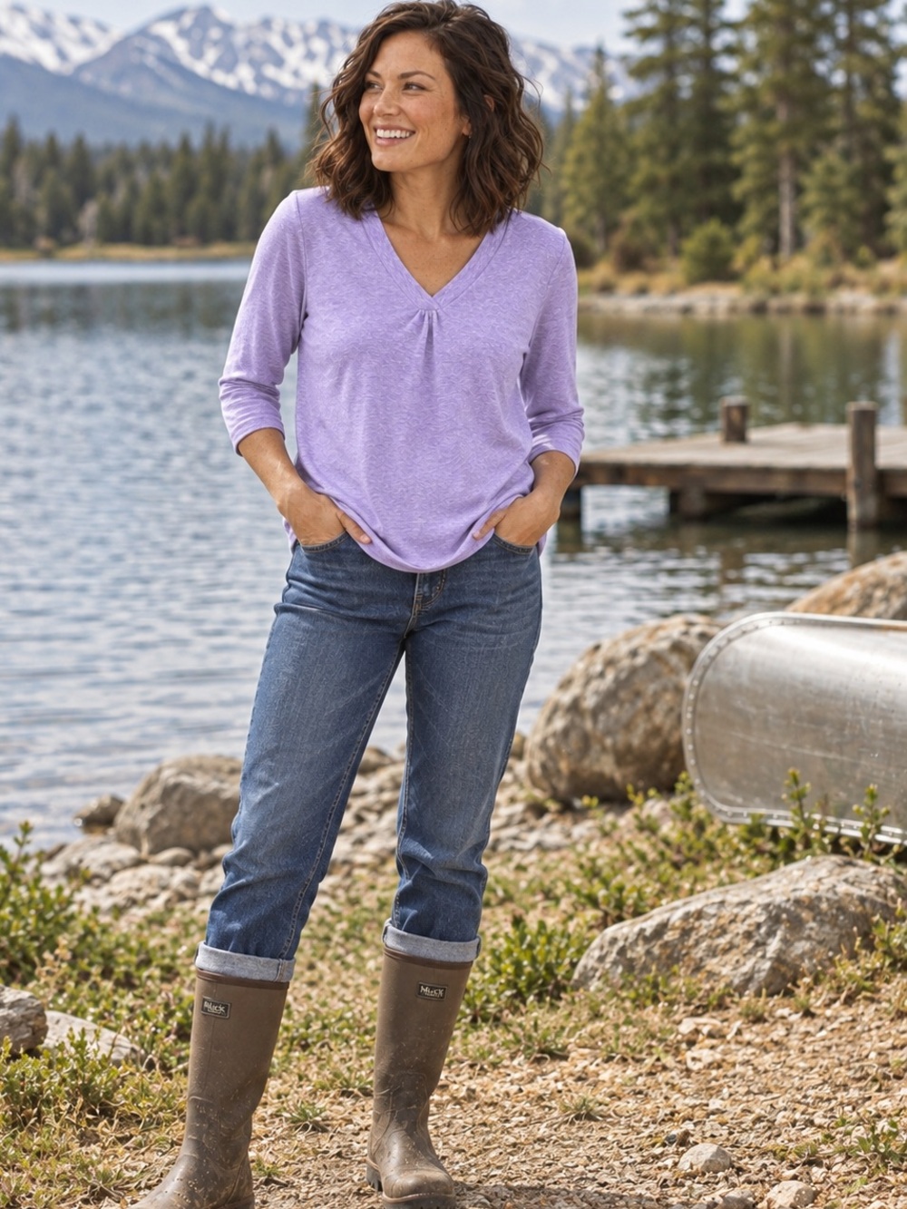 ORVIS Lavender Heathered V-Neck 3/4 Sleeve Top